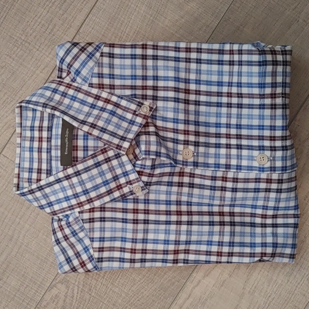 Ermenegildo Zegna US L Men's Dress Shirt in Checkered Blues and Burgandy